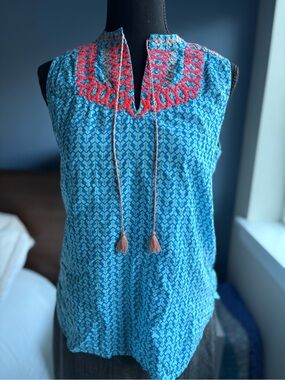 J. Crew Blue Sleeveless Blouse with Coral Embroidered Neck and Tassles